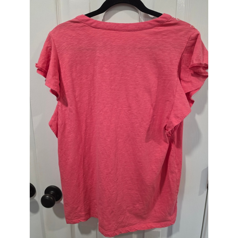 Talbots Coral Pink Embroidered Split Neck Flutter Sleeve Cotton Top XL - Picture 3 of 10